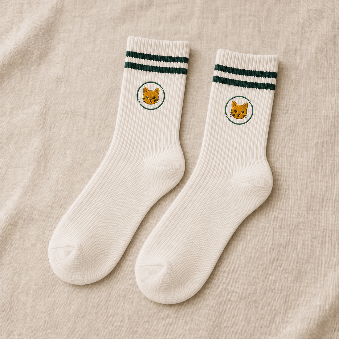 Four pairs of Everyday Pair Crew Socks in chalk white, ink black, Irish forest and golden mustard, each with twin cuff stripes and a matching character Pair Mark.