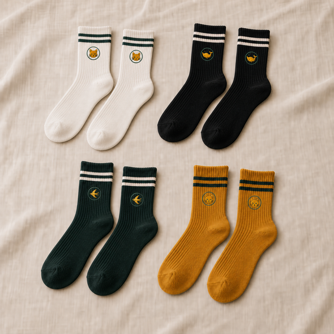 Four pairs of Everyday Pair Crew Socks in chalk white, ink black, Irish forest and golden mustard, each with twin cuff stripes and a matching character Pair Mark.