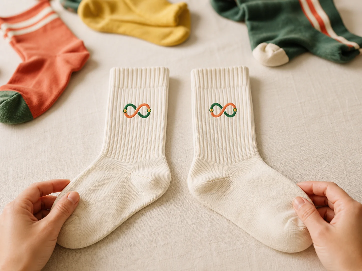 Two white socks being matched by their printed Twin Trace symbols