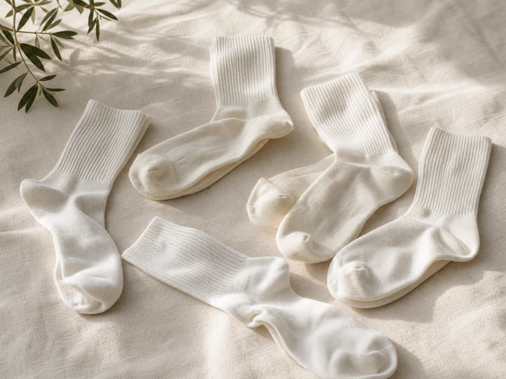 Several similar white socks mixed together on warm cream linen