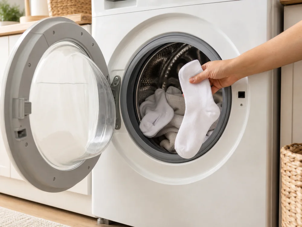 A white sock being placed into a front-loading washing machine