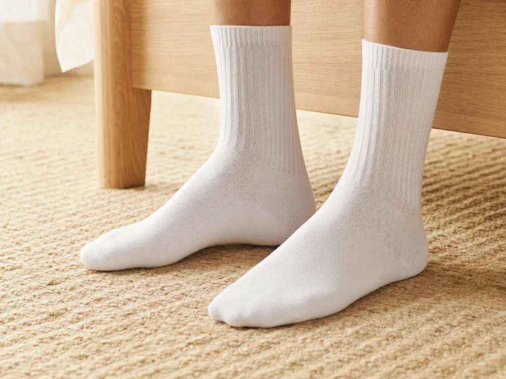 White everyday socks worn comfortably at home, framed below the calf